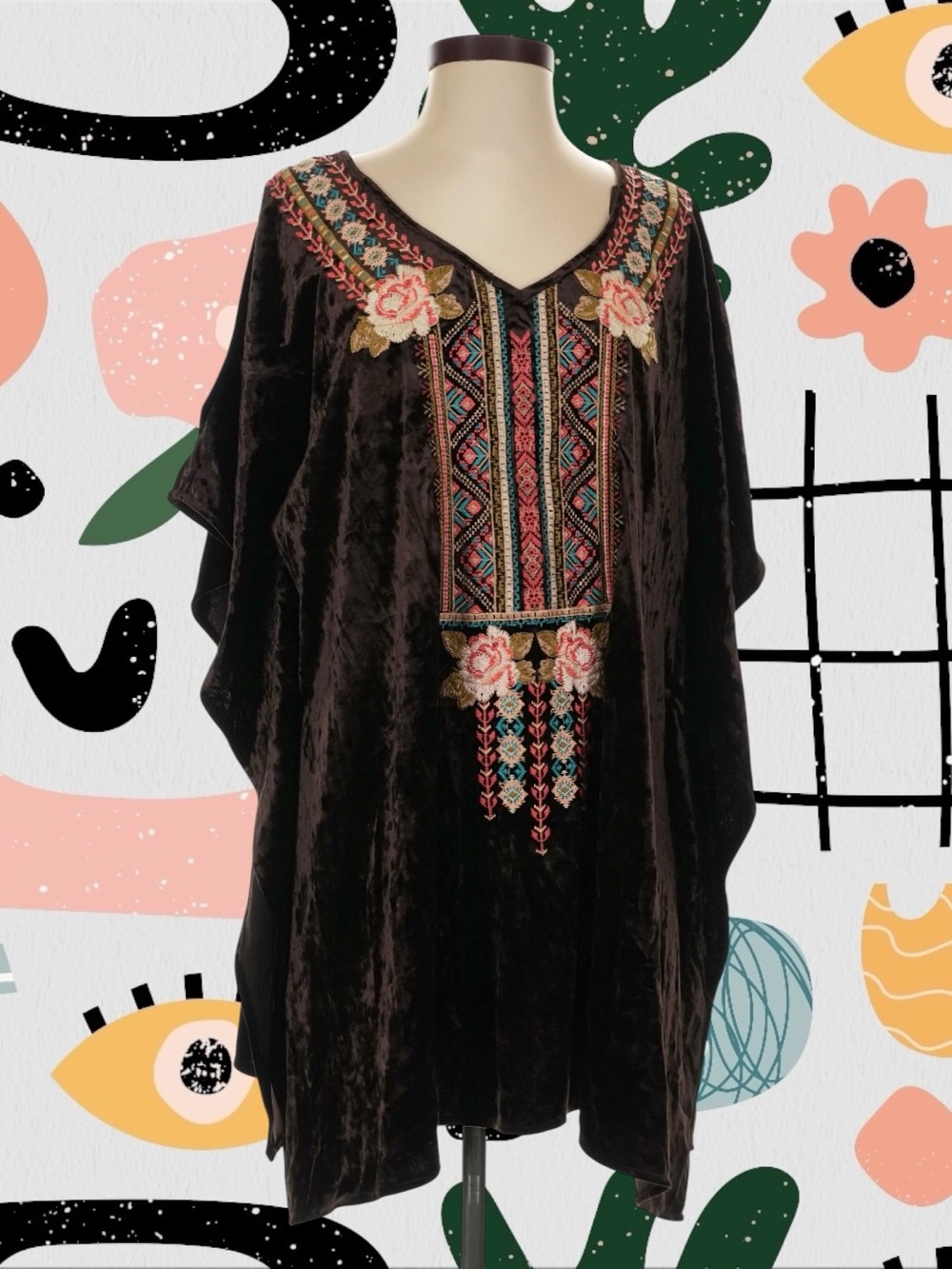 Andree by UNIT | Brown Velvet Floral Boho Embroidered Tunic Poncho